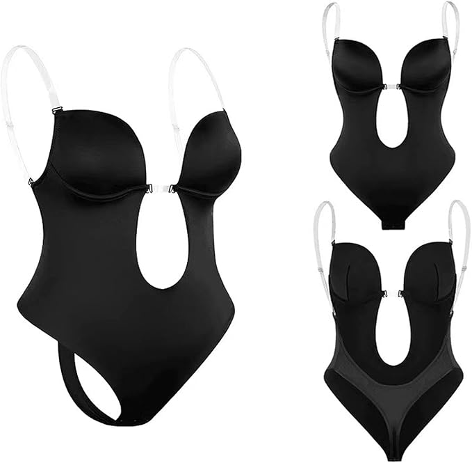 Backless Plunge Bodysuit Clear Straps, Invisible