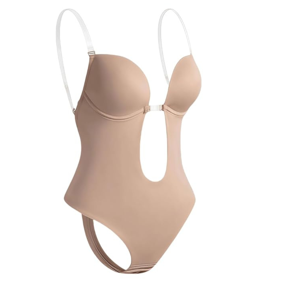 Backless Plunge Bodysuit Clear Straps, Invisible